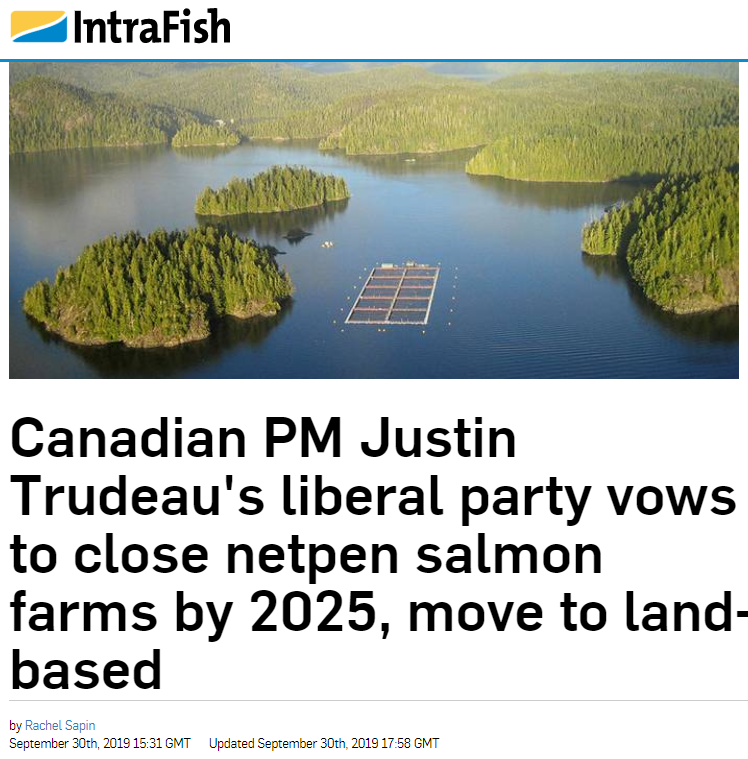 Flokkur Justin Trudeau, forsætisráðherra Kanada, stefnir að loka öllu sjókvíaeldi fyrir árið 2025