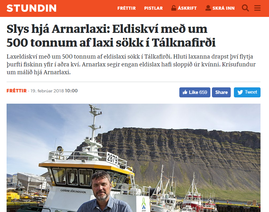 Eldiskví með 500 tonnum af laxi sökk í Tálknafirði