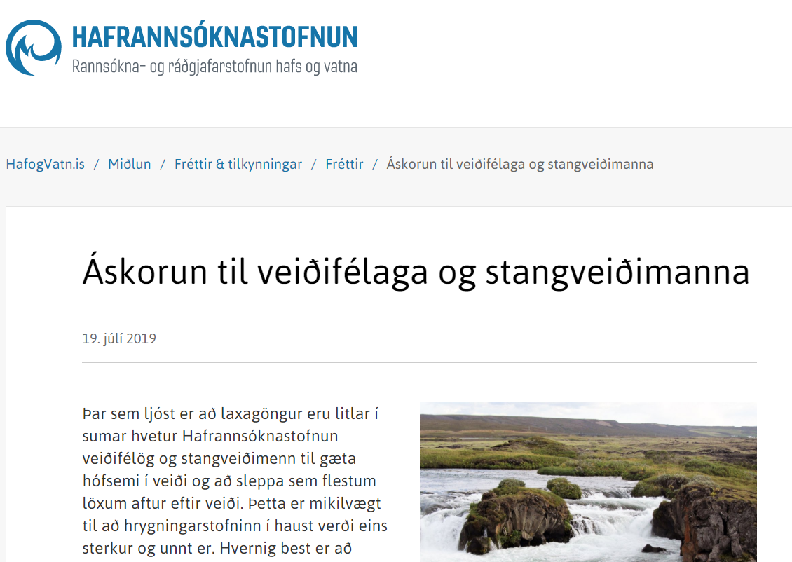 Áskorun Hafrannsóknarstofnunar til veiðifélaga og stangveiðimanna