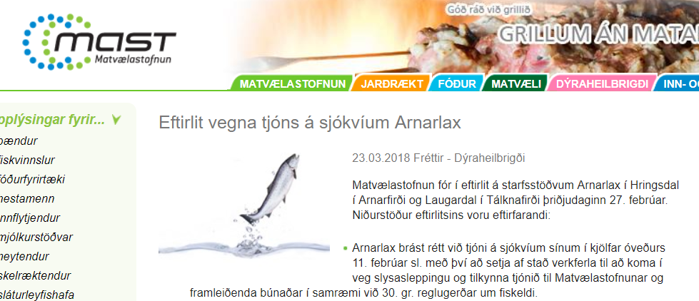 Athugun MAST á starfsstöðvum Arnarlax í Arnarfirði og Tálknafirði