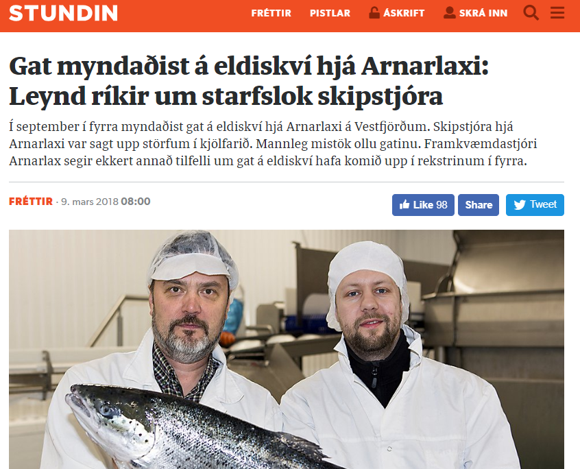 Gat á eldiskví hjá Arnarlaxi á Vestfjörðum