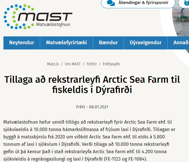 Frestur til að skila athugasemdum við rekstrarleyfi Arctic Sea Farm rennur út á morgun