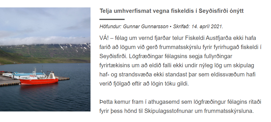 Alvarlegar athugasemdir við frummatsskýrslu Fiskeldis Austfjarða um sjókvíaeldi í Seyðisfirði
