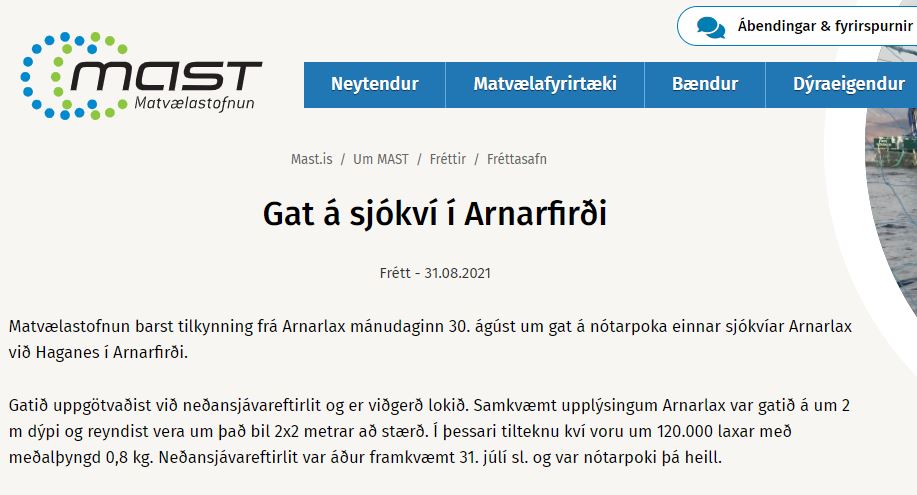 Stærðar gat á sjókví Arlarlax í Arnarfirði