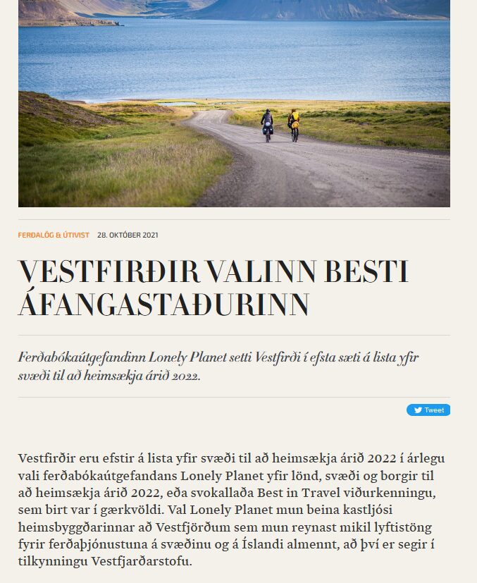Lonely Planet velur Vestfirði sem besta áfangastað ársins 2022