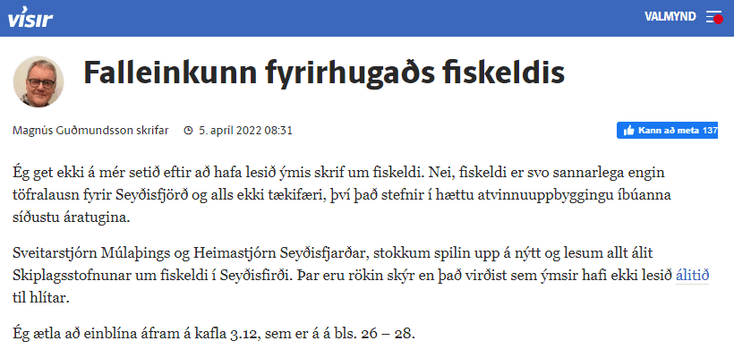 „Fall­ein­kunn fyrir­hugaðs fisk­eldis“ – grein Magnúsar Guðmundssonar