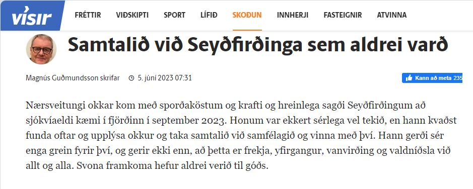 „Sam­talið við Seyð­firðinga sem aldrei varð“ – grein Magnúsar Guðmundssonar